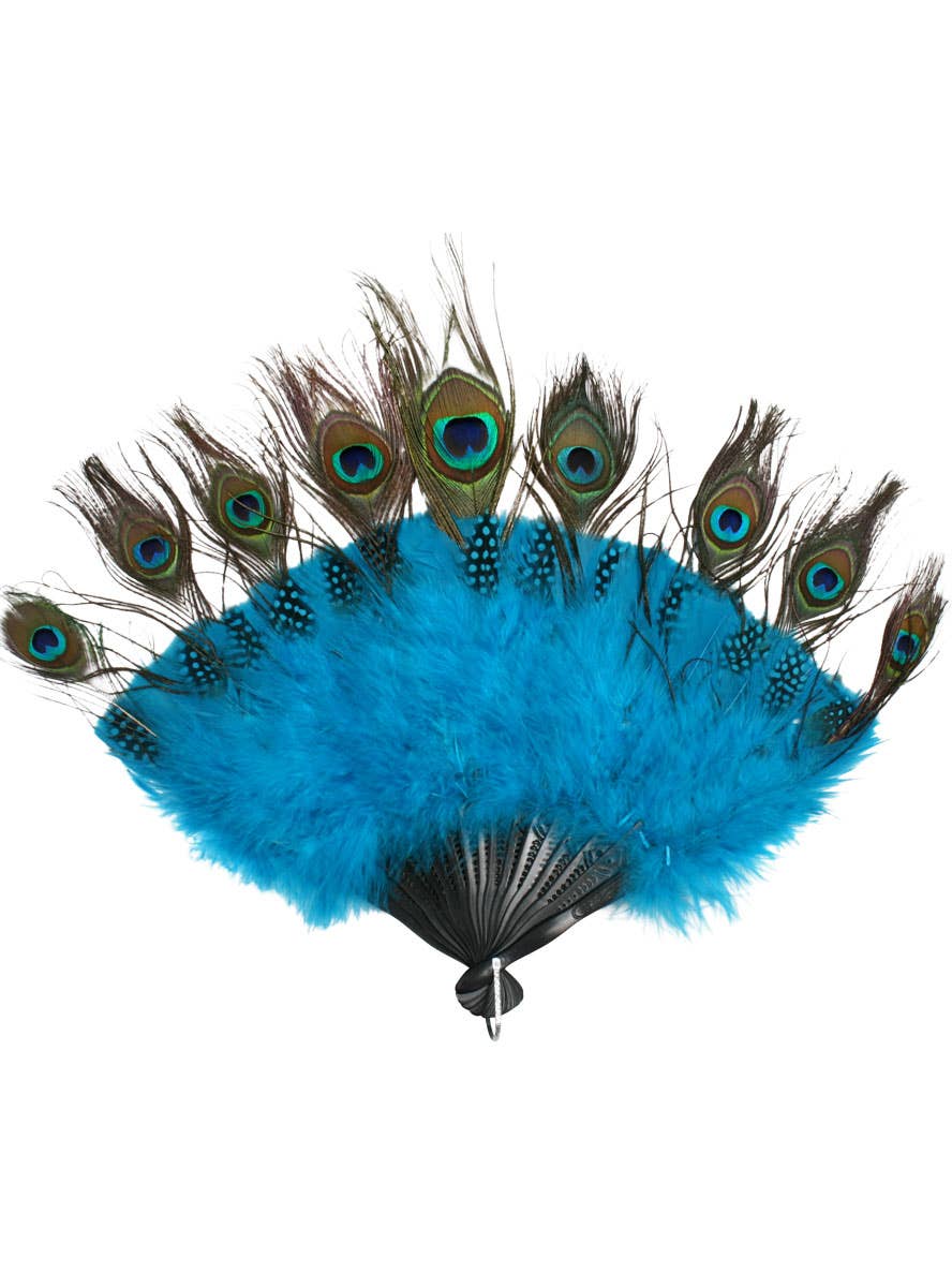 Peacock Feather Costume Fan with Blue Feathers - Alternate Image