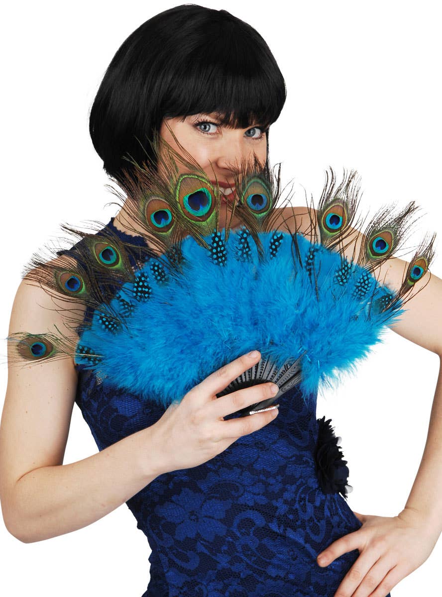 Peacock Feather Costume Fan with Blue Feathers - Main Image