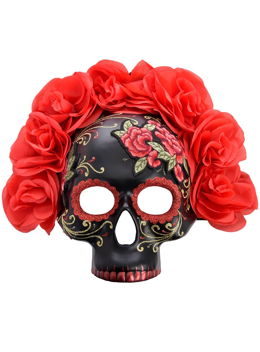 Floral Red and Black Sugar Skull Masquerade Mask with Embroidered Flower Details