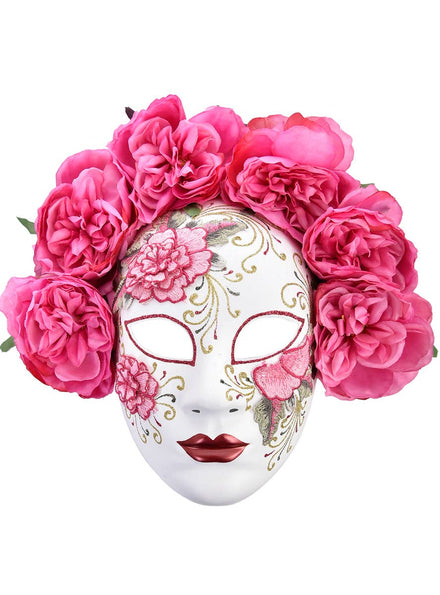 Deluxe Full Face White Masquerade Mask with Pink Flowers