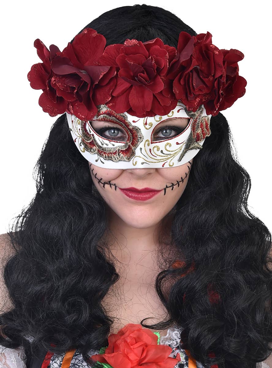 Women's White Masquerade Mask with Deep Red Roses