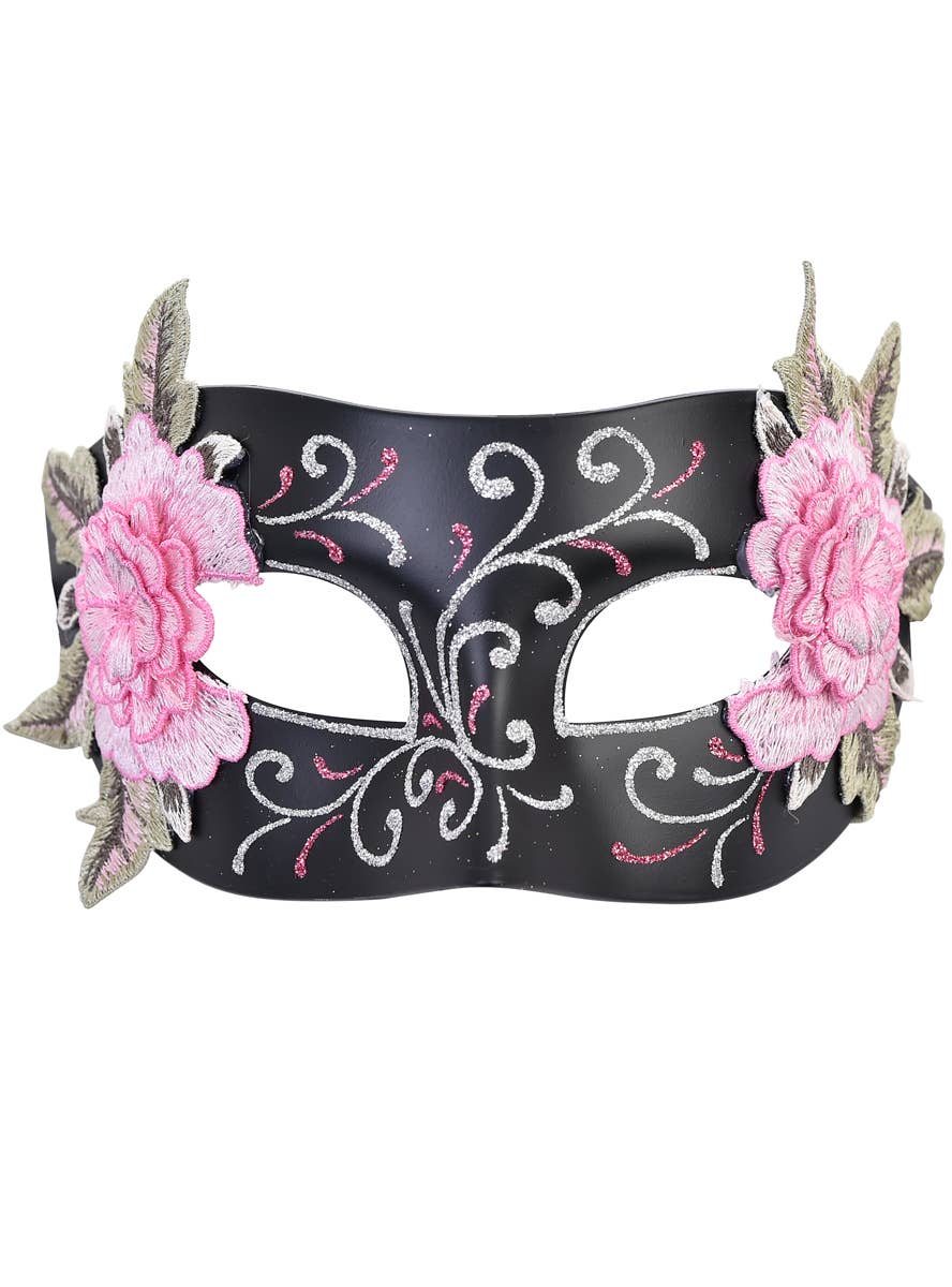 Black Masquerade Mask for Women with Pink Floral Embroidery