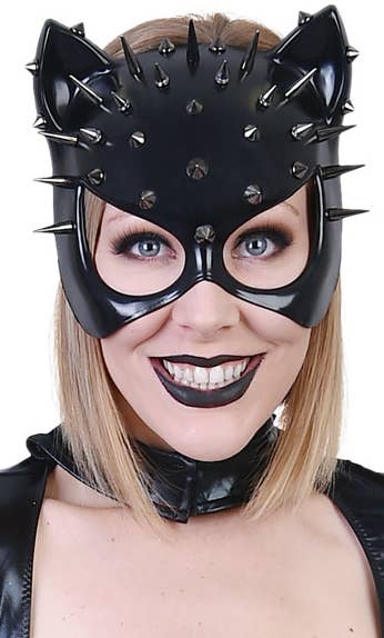 Glossy Black Studded Cat Woman Mask