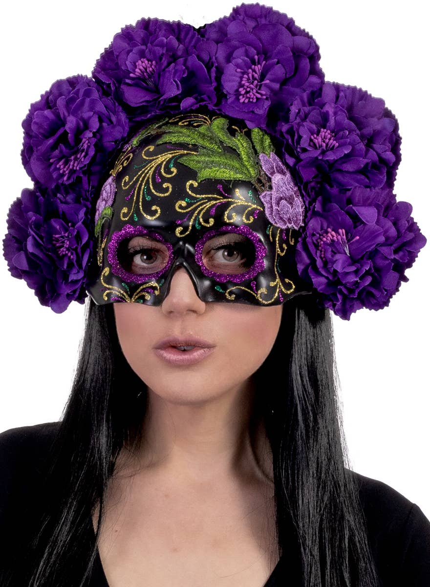 Floral Purple and Black Sugar Skull Masquerade Mask with Embroidered Flower Details - Main Image