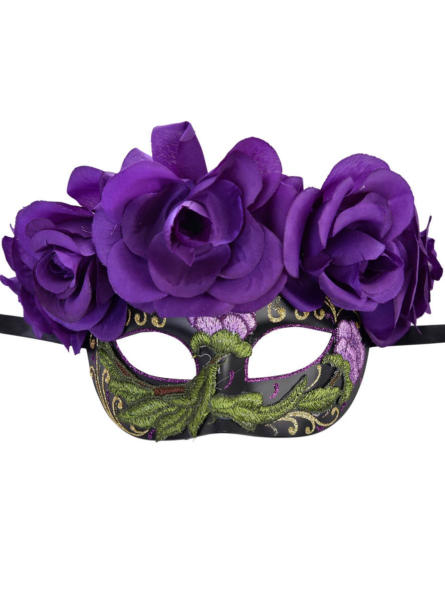 Women's Black Masquerade Mask with Purple Flowers
