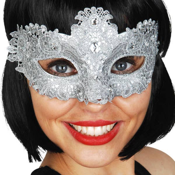 Delicate Silver Lace Masquerade Mask View 2