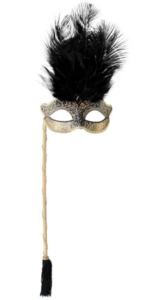 Black and Gold Josephine Masquerade Mask on Stick with Feather Details