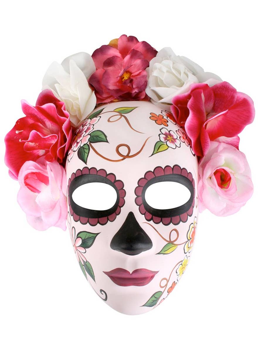 Full Face Soft Pink Day of the Dead Mask with Flowers