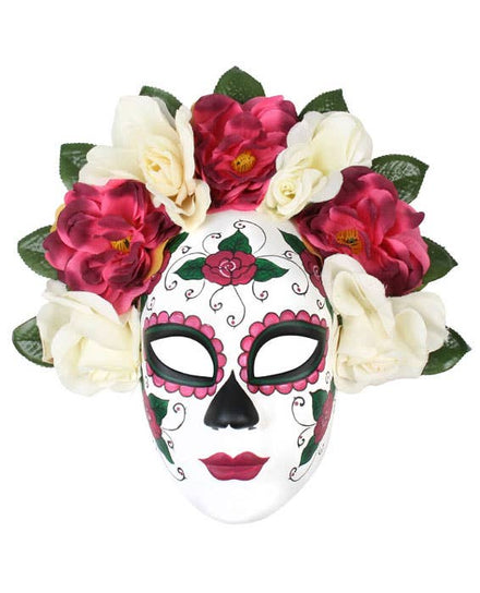 Deluxe Full Face Sugar Skull Masquerade Mask with Red and White Flowers