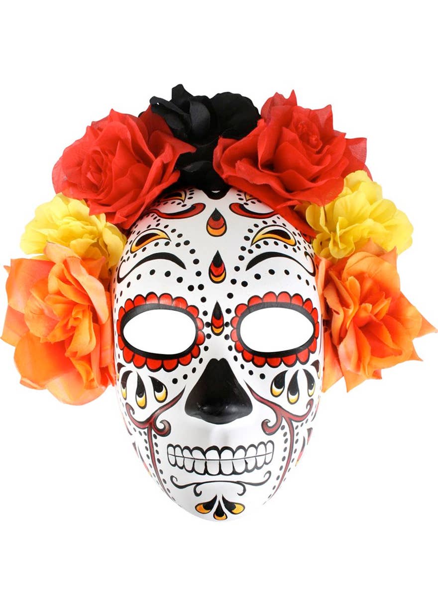 Orange Full Face Day of the Dead Mask with Flowers