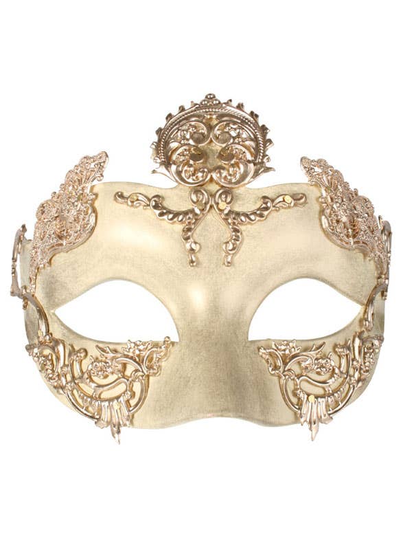 Cream And Gold Men's Masquerade Mask With Metal Swirls