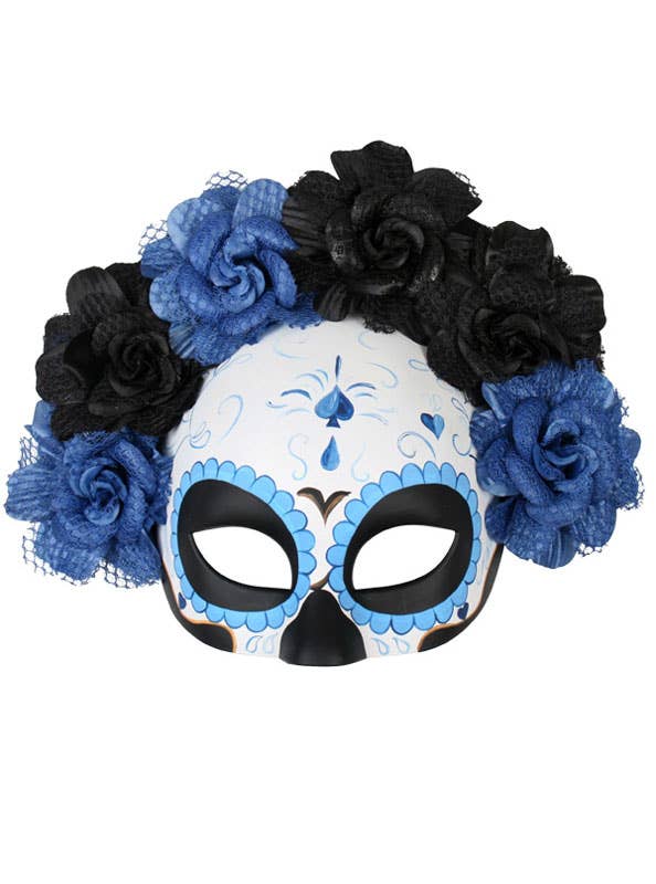 Deluxe Sugar Skull Half Face Masquerade Mask with Blue and Black Roses View 2