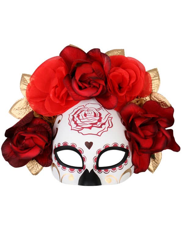 Floral Sugar Skull Half Face Masquerade Mask With Red Roses