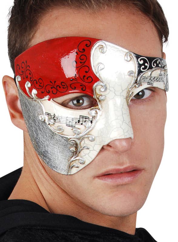 Men's Over Eye Red And White Crackle Paint Masquerade Mask Main