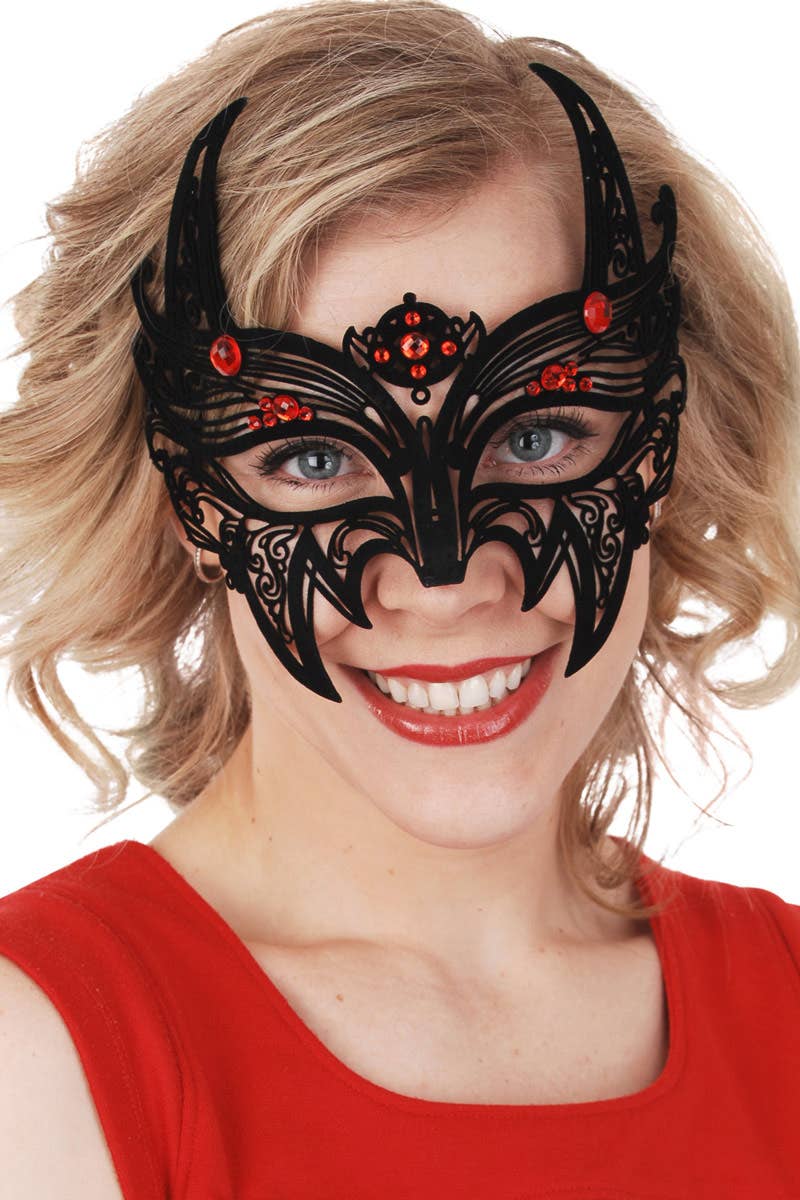 Flocked Black Filigree Devil Women's Masquerade Mask with Red Gems View 2