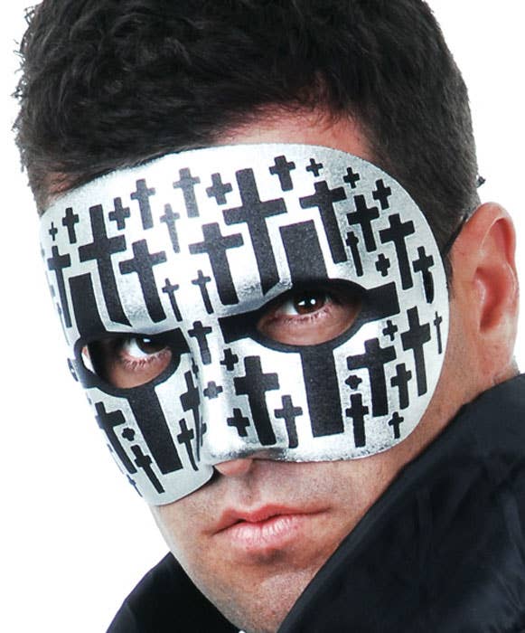 Men's Basic Silver Masquerade Mask With Black Crosses Main