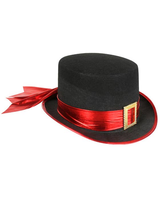 Black Halloween Costume Top Hat with Metallic Red Hatband and Edges - Alternative View