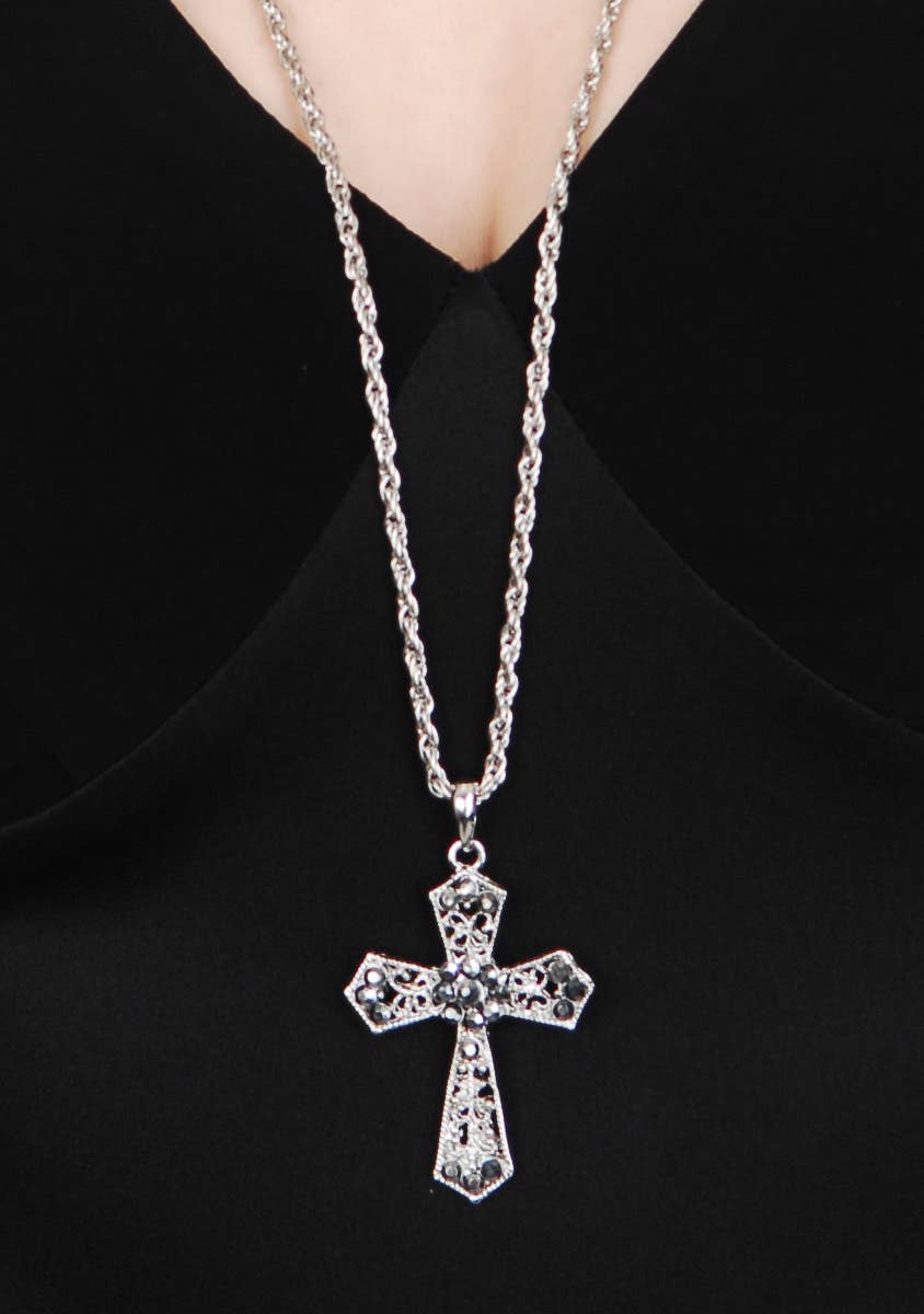 Ornate Silver Cross Halloween Costume Accessory Necklace