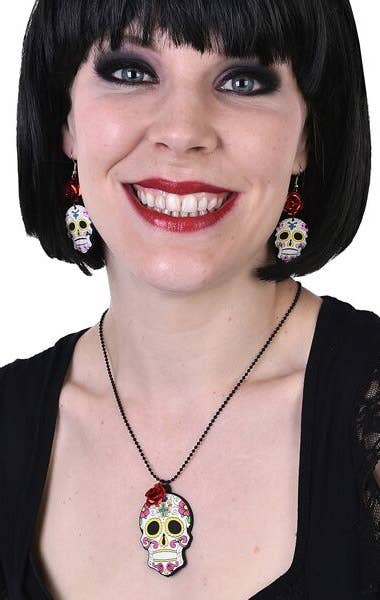 Day of the Dead Sugar Skull Necklace and Earrings Costume Jewellery Set
