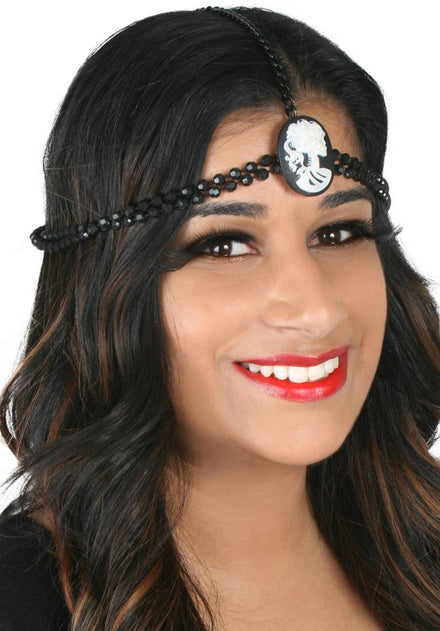 Black Head Chain with Beads and White Skeleton Cameo