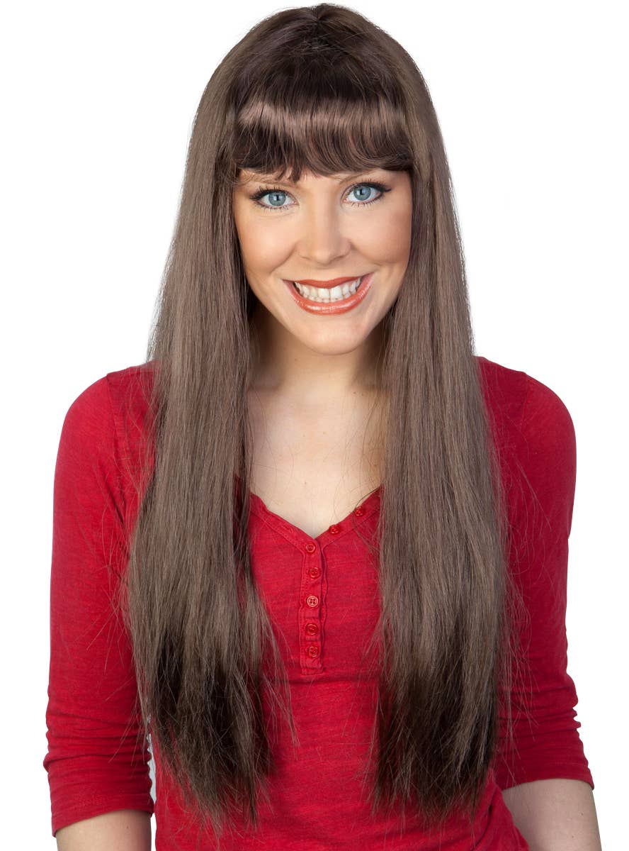 Womens Long Brown Costume Wig with Bangs