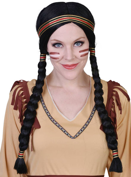 Long Black Native American Women's Plaited Costume Wig