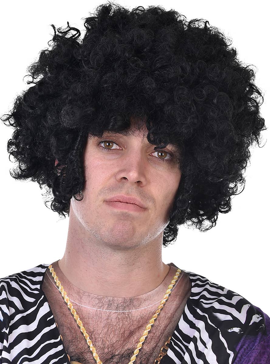 Mens 1970s Dress Up Black Afro Costume Wig with Chops - Main Image