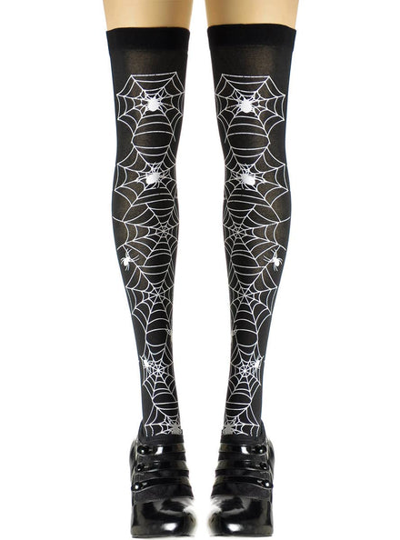 Image of Thigh High Black and White Spider Web Halloween Stockings