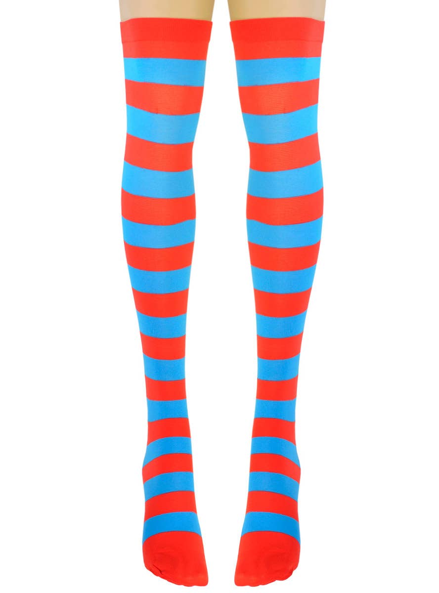 Image of Thigh High Blue and Red Striped Women's Stockings - Alternate Image