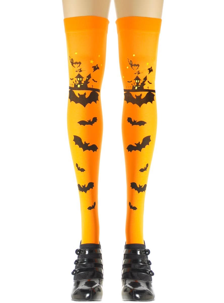 Image of Thigh High Orange Halloween Theme Costume Stockings