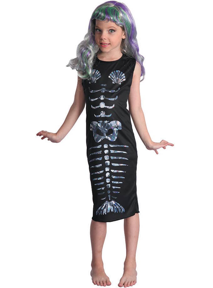 Girls Skeleton Mermaid Halloween Fancy Dress Costume