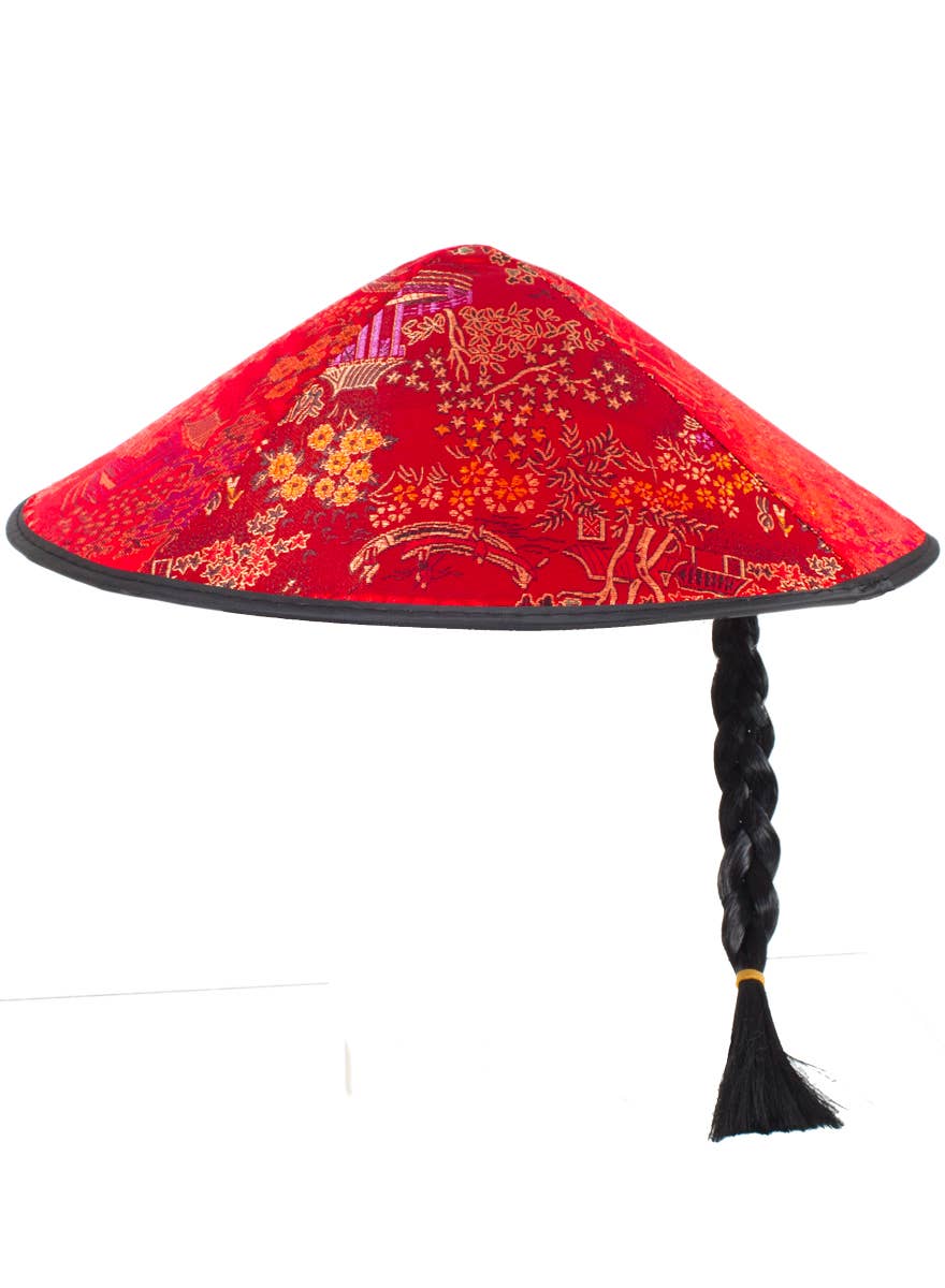 Chinese Costume Hat | Red Brocade Satin Hat with Black Plait