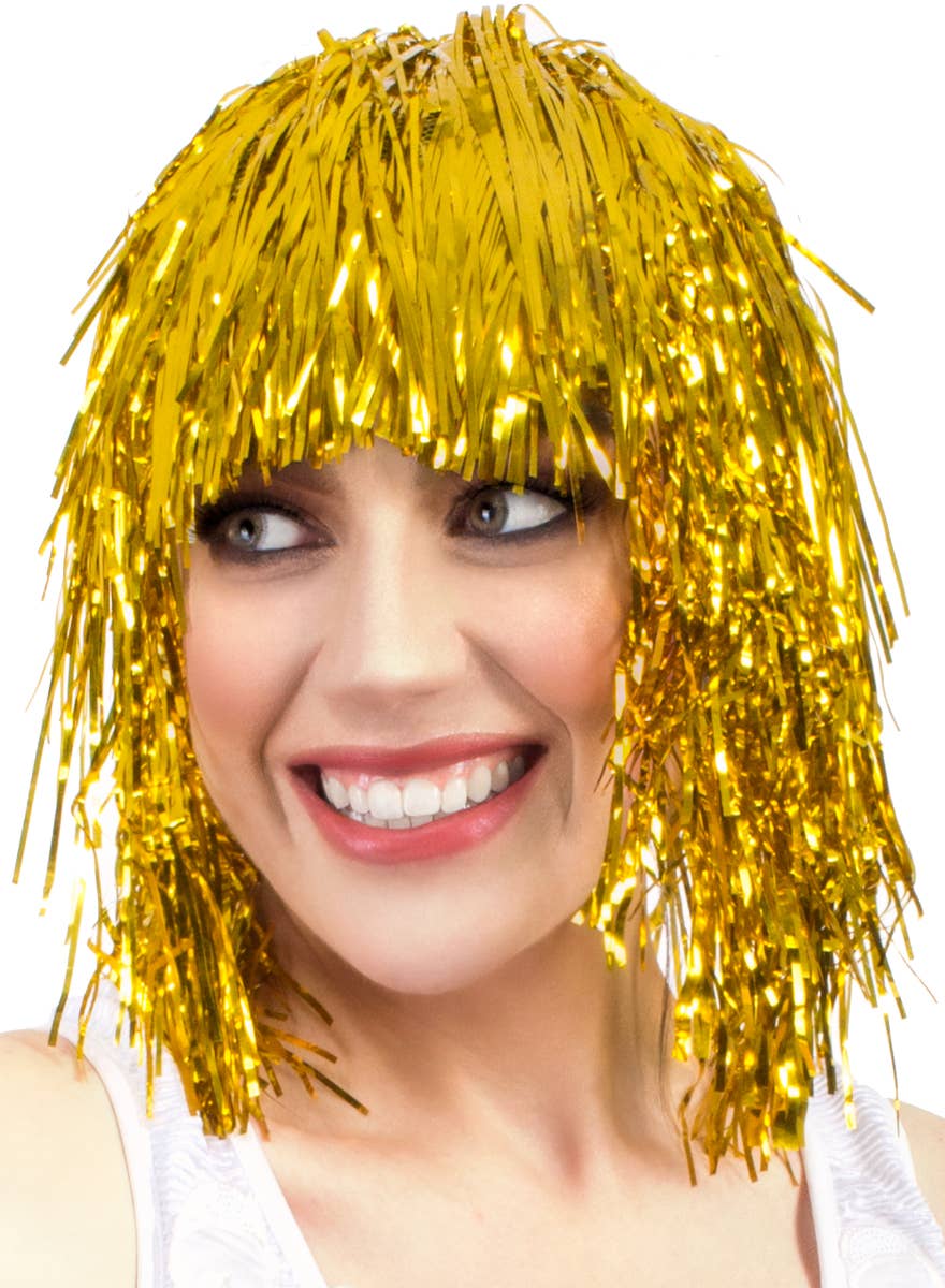 Adults Short Gold Tinsel Costume Wig