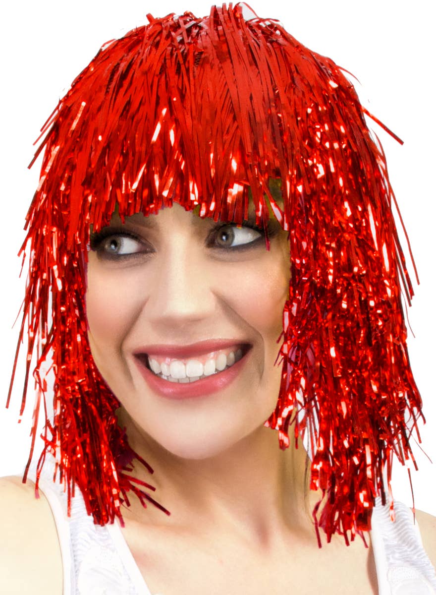 Adults Short Red Tinsel Costume Wig
