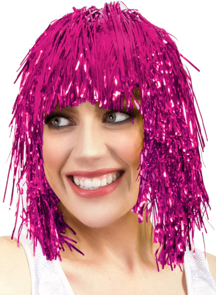 Adults Short Pink Tinsel Costume Wig