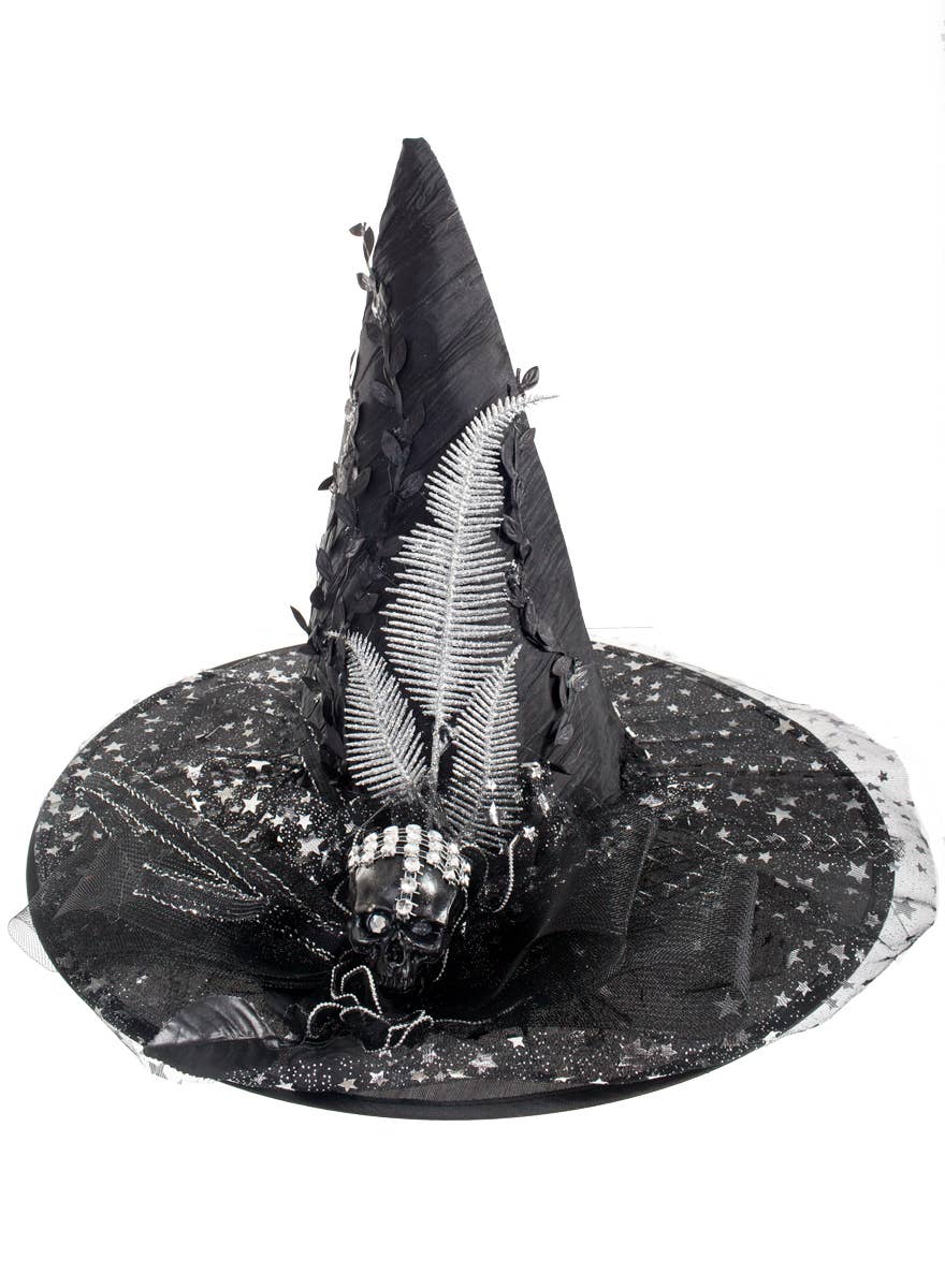 Black Witch Hat with Star Mesh, Ribbons and Skull - Alternate Image 2