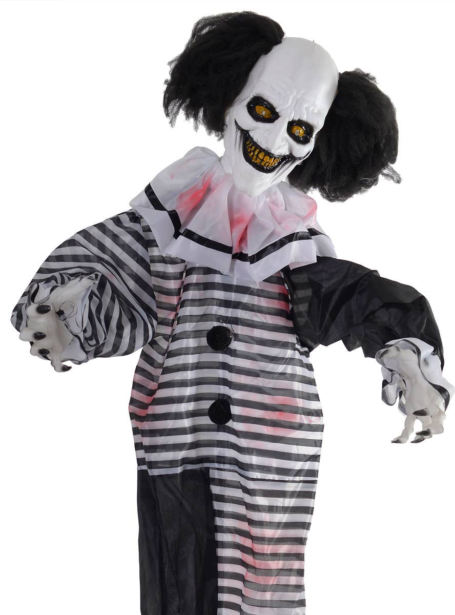 Tall Scary Black and White Clown Animated Decoration - Close Up Image