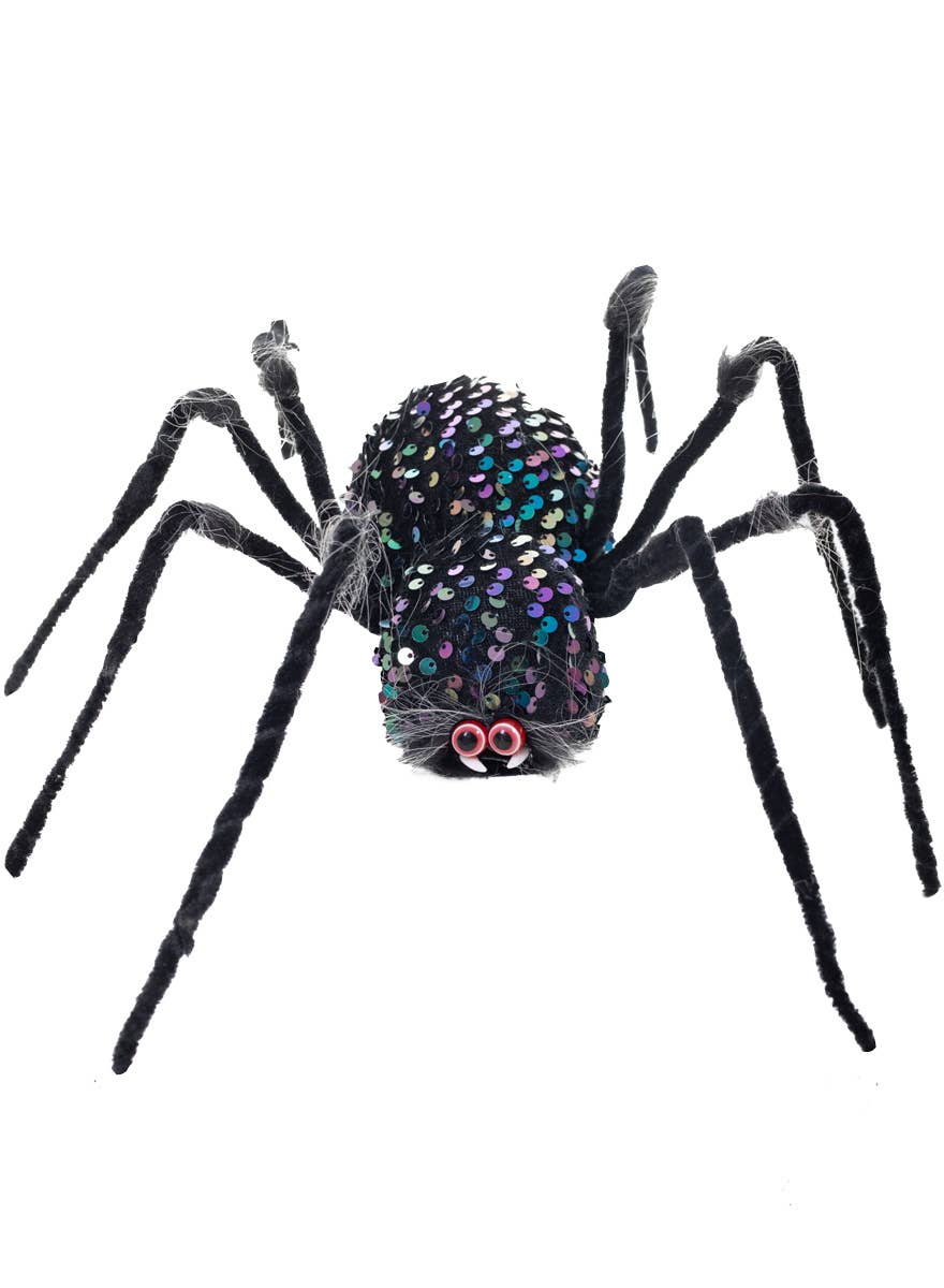 Fake Black Spider Halloween Prop with Blue and Purple Sequins - Alternate Image