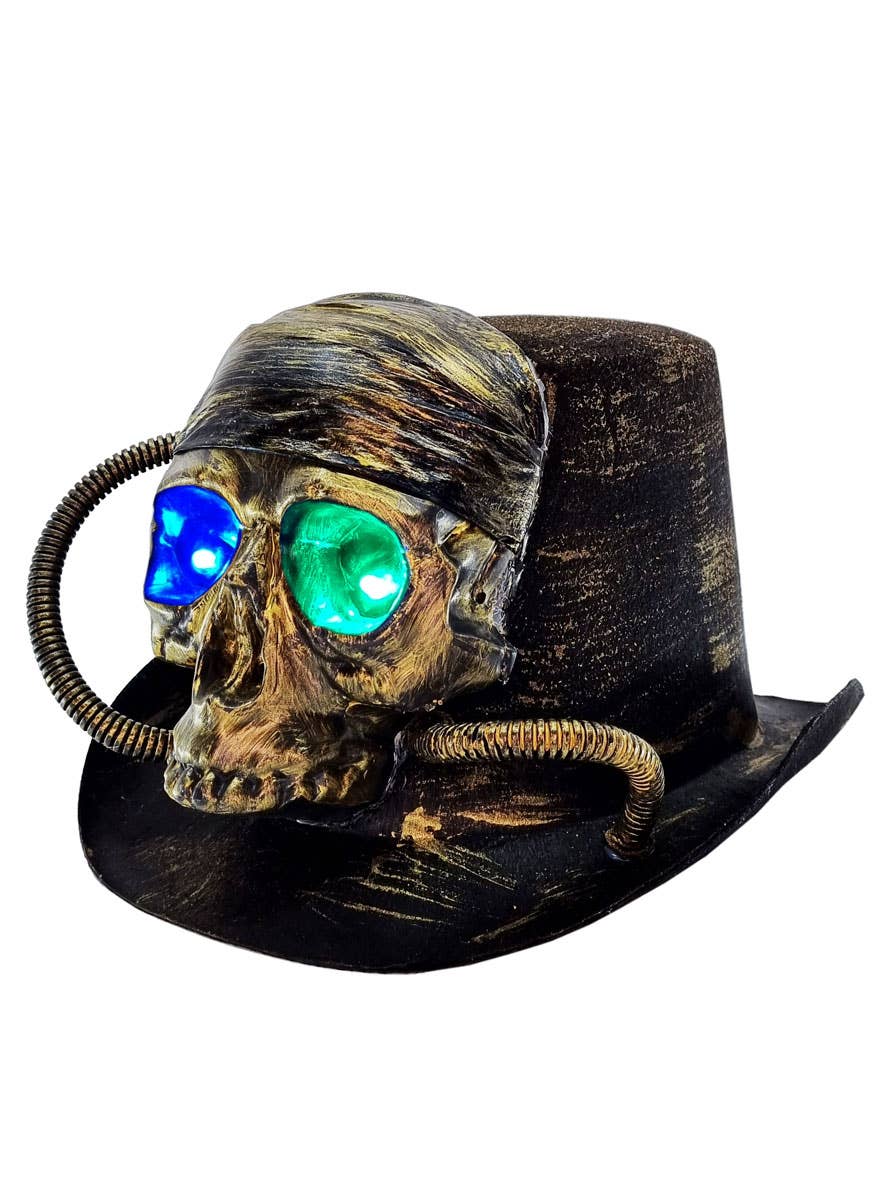 Adults Black and Gold Steam Punk Top Hat with Light Up Skull - Main Image