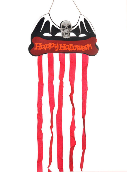 Red Hanging Happy Halloween Sign with Skull and Bat Wings