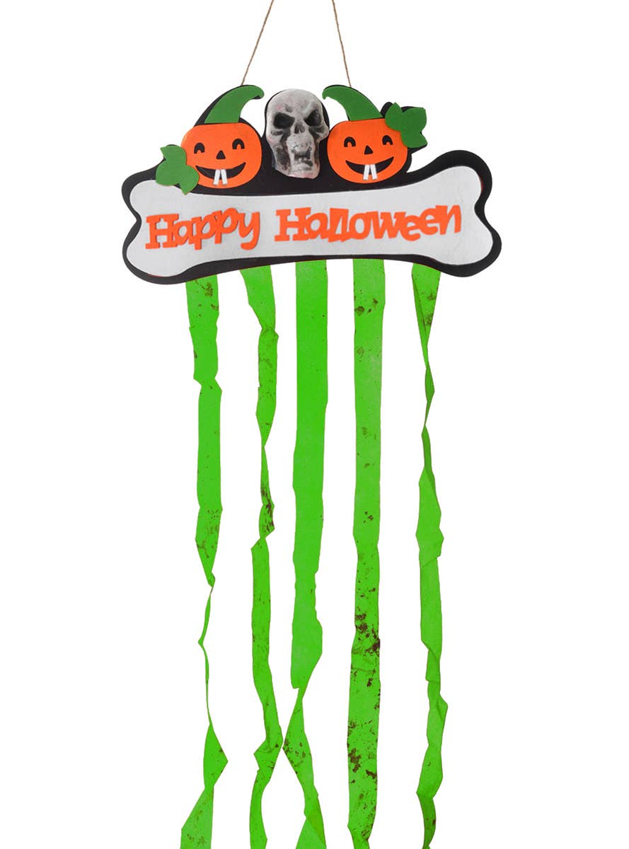 Green Hanging Happy Halloween Sign with Pumpkins and Skull