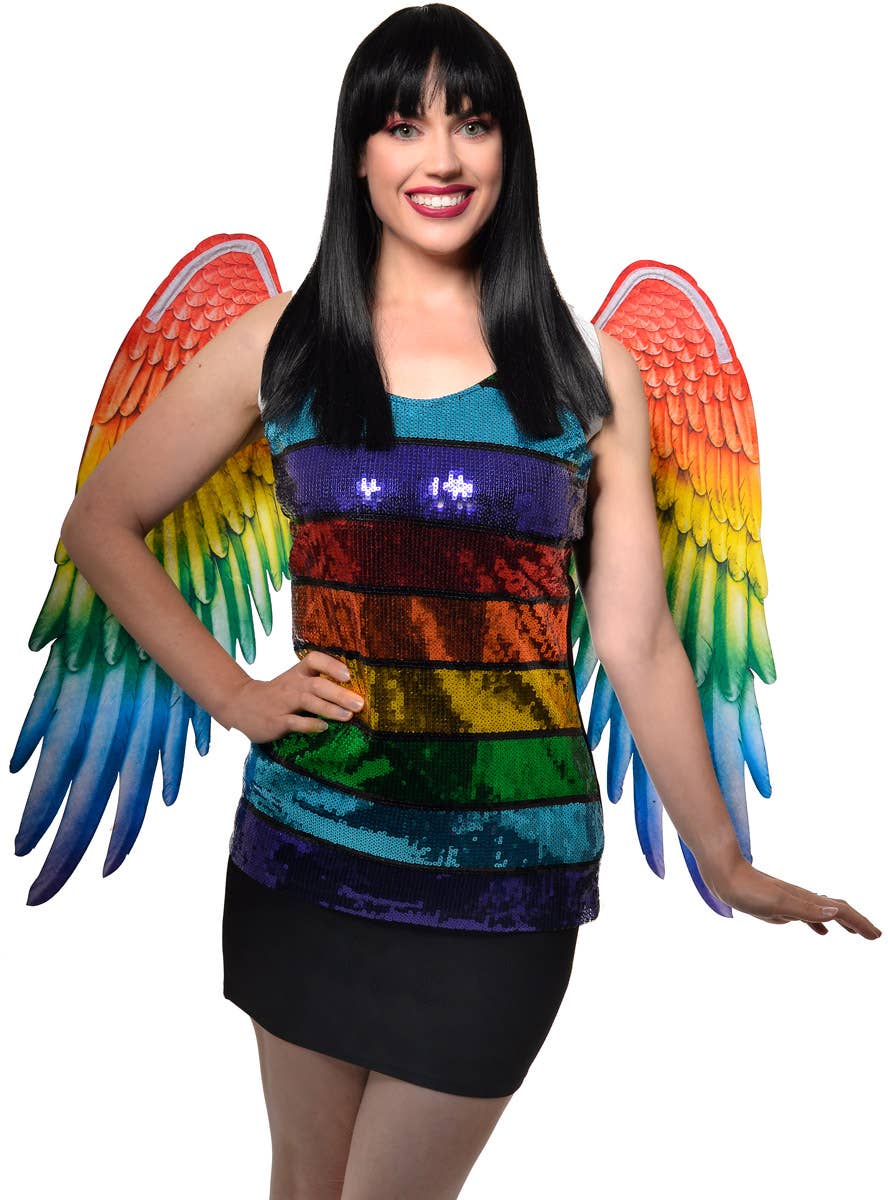 Large Rainbow Costume Wings with Printed Feathers - Front Image