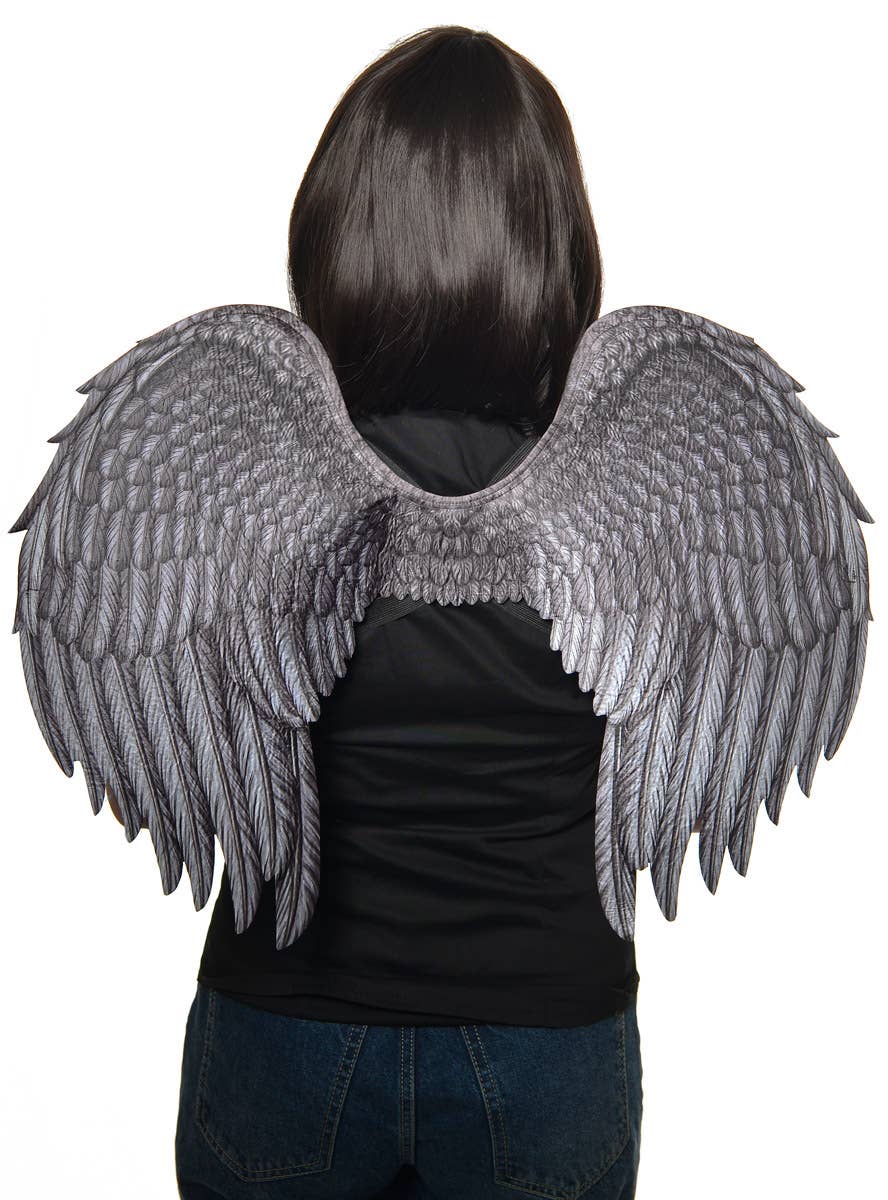 Medium Size Dark Grey Angel Costume Wings with Printed Feathers - Back Image