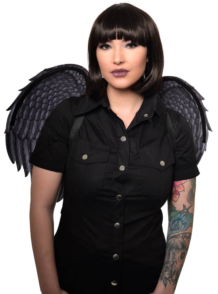 Medium Size Dark Grey Angel Costume Wings with Printed Feathers - Front Image