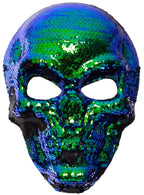 Blue Green and Matte Black Reversible Sequin Skeleton Costume Mask - Main Image