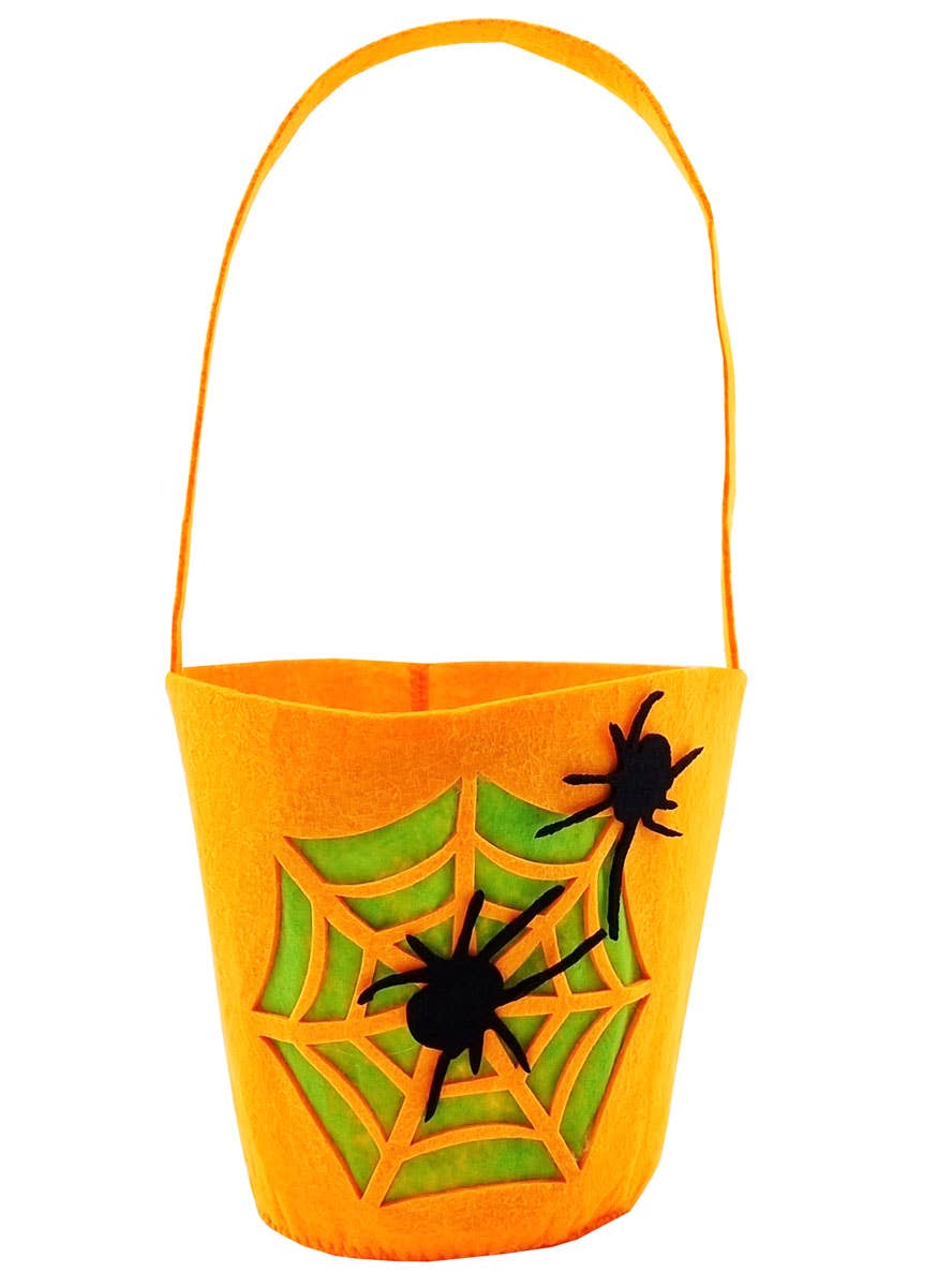 Orange Felt Trick or Treat Bucket with Green Spiderweb