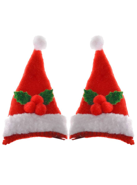 Mini Red and White Santa Hat Hair Clips Christmas Accessory - Main Image