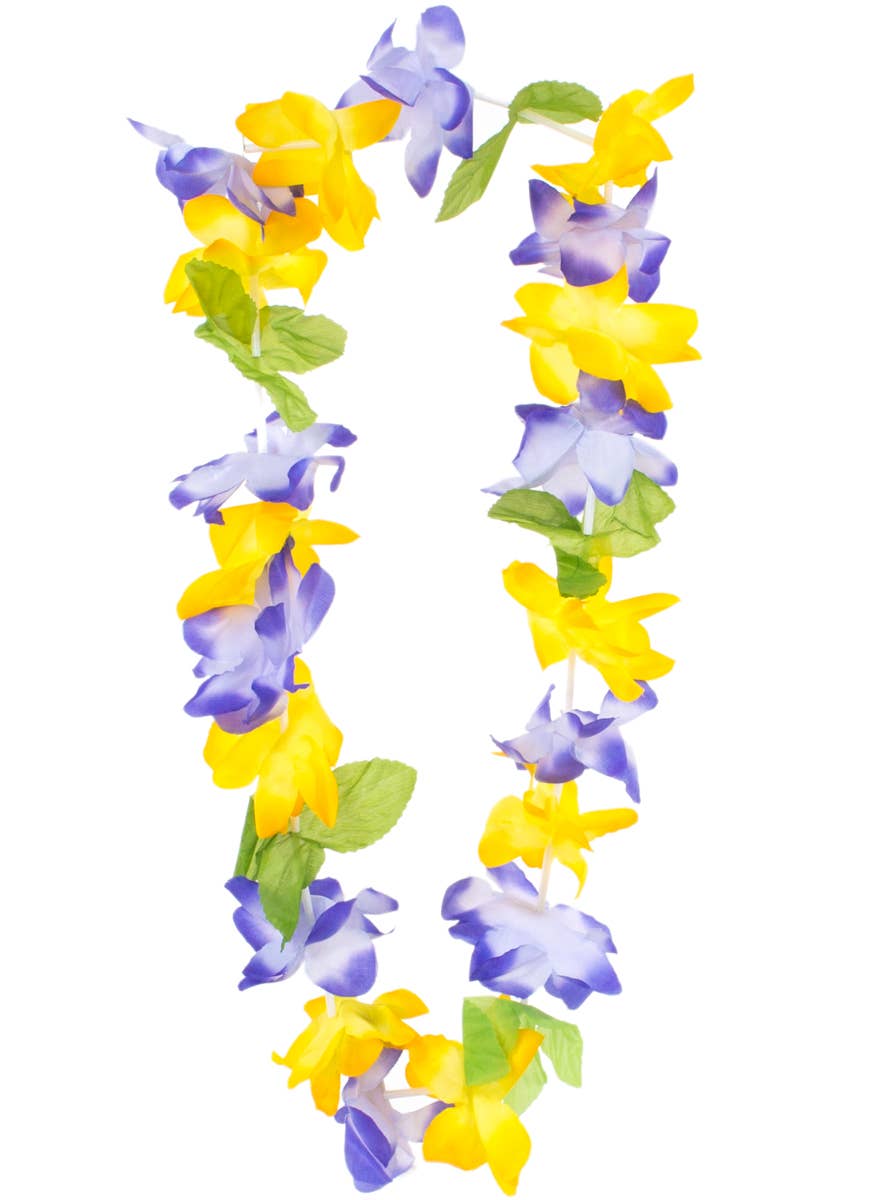 Hawaiian Yellow and Purple Lei with Green Leaves