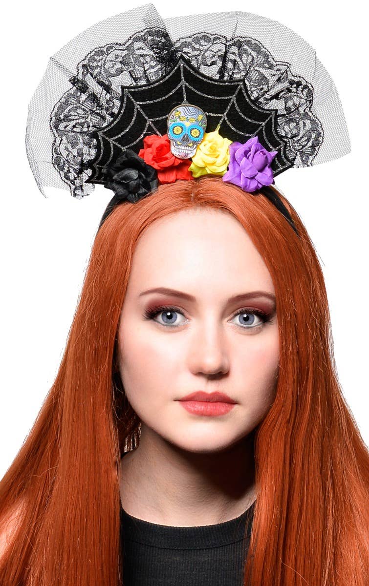 Day of the Dead spiderweb flowers sugar skull crown tiara headband costume accessory alternative image