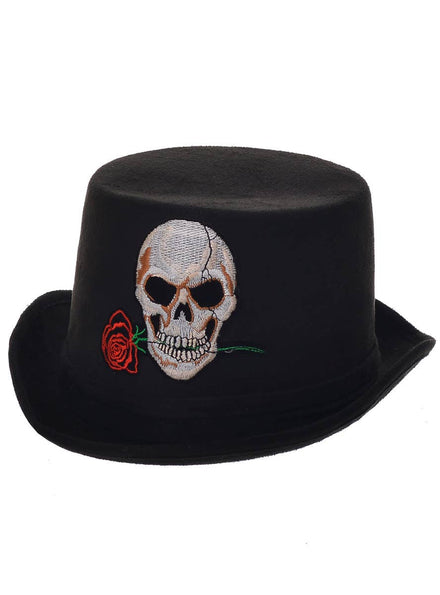 Black Day of the Dead Top Hat with Embroidered Skull and Rose